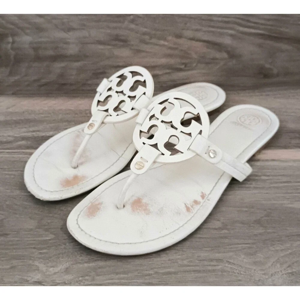 Tory Burch Miller Thong Sandal Ivory Smooth Leather w Dustbag Sz 9M